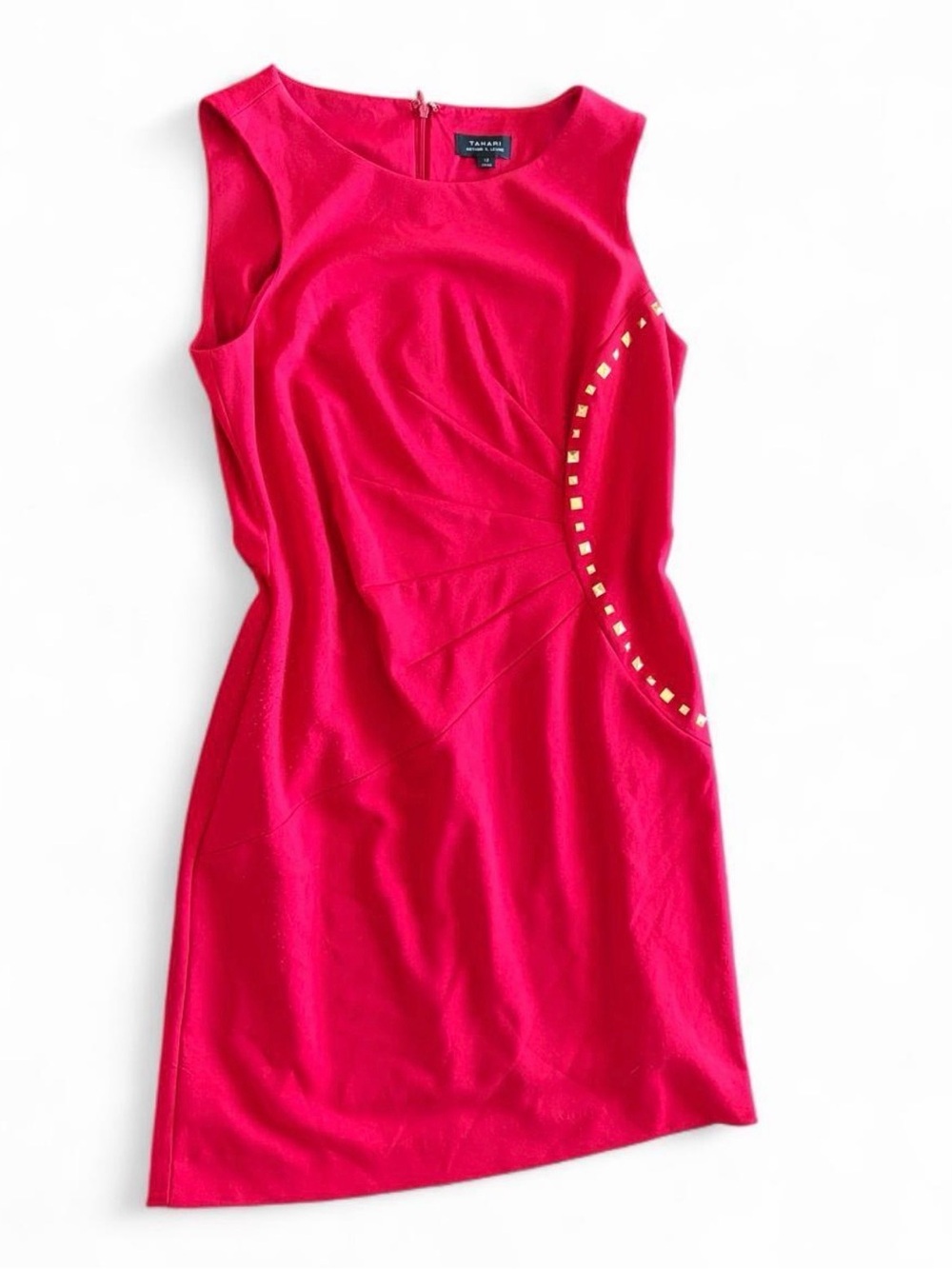 Tahari ASL Hot Pink Sleeveless Sheath Dress with Gold Stud Accents